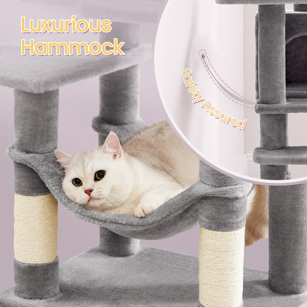 112 cm Cat Tree, Multi-Level Soft Plush Cat Tree, Cat Tower Condo with 4 Cat Scratching Posts, Hammock, Cave, Platform, Toys, Pink/White/Beige/Grey, Easy Assembly and Sturdy, Indoor Cat Furniture