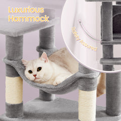 112 cm Cat Tree, Multi-Level Soft Plush Cat Tree, Cat Tower Condo with 4 Cat Scratching Posts, Hammock, Cave, Platform, Toys, Pink/White/Beige/Grey, Easy Assembly and Sturdy, Indoor Cat Furniture