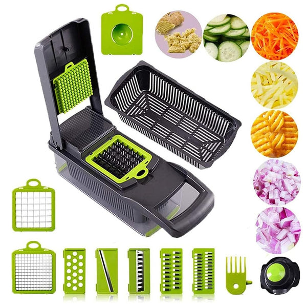 15-in-1 Fruit & Vegetable Grater Set - Kitchen Multi-Tool with 8 Interchangeable Blades (Gray Green) - Includes Dicer/Shredder/Slicer Functions