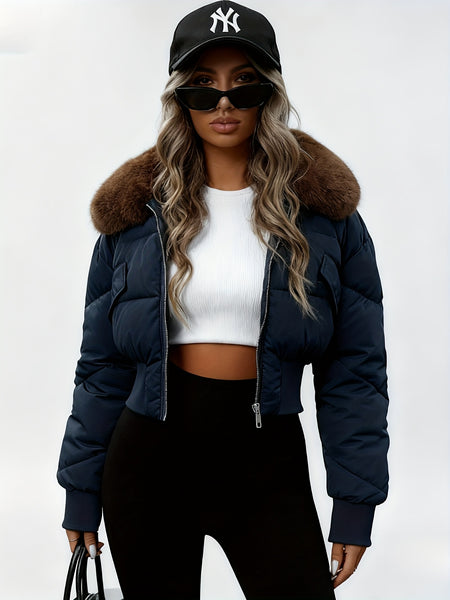 Winter Women's Short Cropped Puffer Jacket with Thickened Winter Coat - Elegant Long-Sleeve Zippered Outerwear, Lined Collar & Waist Pockets, Machine Washable for Casual Winter Wear, Everyday Outfits & Light Outdoor