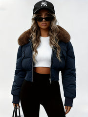 Winter Women's Short Cropped Puffer Jacket with Thickened Winter Coat - Elegant Long-Sleeve Zippered Outerwear, Lined Collar & Waist Pockets, Machine Washable for Casual Winter Wear, Everyday Outfits & Light Outdoor