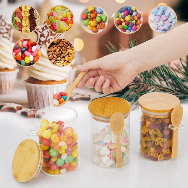 Glass Food Storage Jar,100% Sealed Borosilicate Glass Jars with Bamboo Lid and Bamboo Spoon for Candy, Spices, Coffee Beans, Nuts, Condiments, Cookies, Flour,Tea, 350Ml/12Oz (01)