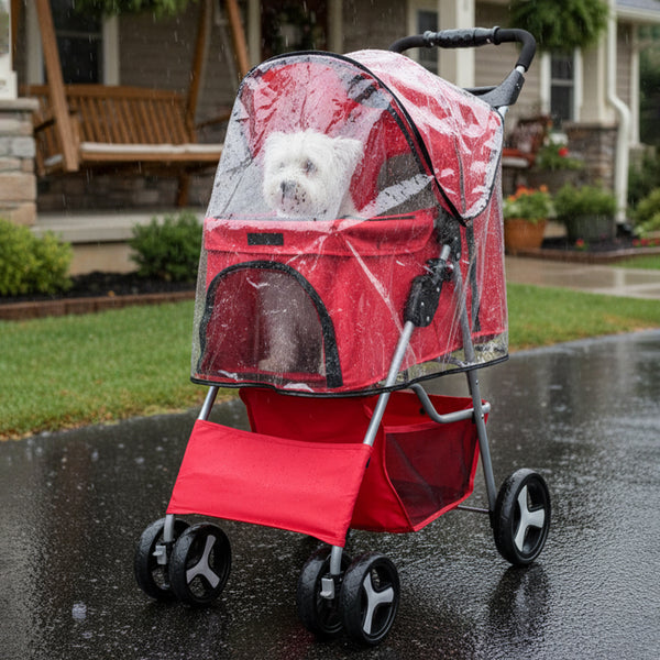 Foldable Pet Stroller With Rain Cover, Portable Foldable Outdoor Walking Cart with Large Space, Hand-Pull Design, Durable Oxford Fabric, Ergonomic Handle & Ventilation Mesh, Lightweight & Sturdy Frame For Small To Medium Dogs - Outdoor Pet Carrier, Modern
