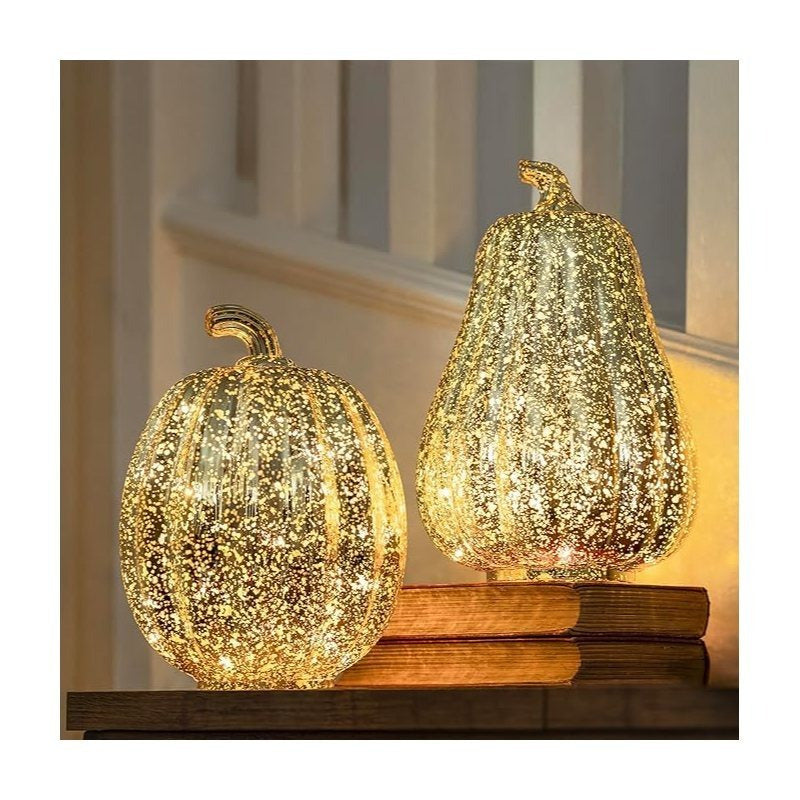 Marco Paul Extra Large Gold Light Up Pumpkin & Squash Pair - 2 Pack Autumn Decorations with Warm LED Lights & 6hr Timer - Plastic Pumpkins for Halloween Ornaments, Autumnal Decor & Seasonal Styling