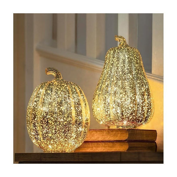 Marco Paul Extra Large Gold Light Up Pumpkin & Squash Pair - 2 Pack Autumn Decorations with Warm LED Lights & 6hr Timer - Plastic Pumpkins for Halloween Ornaments, Autumnal Decor & Seasonal Styling
