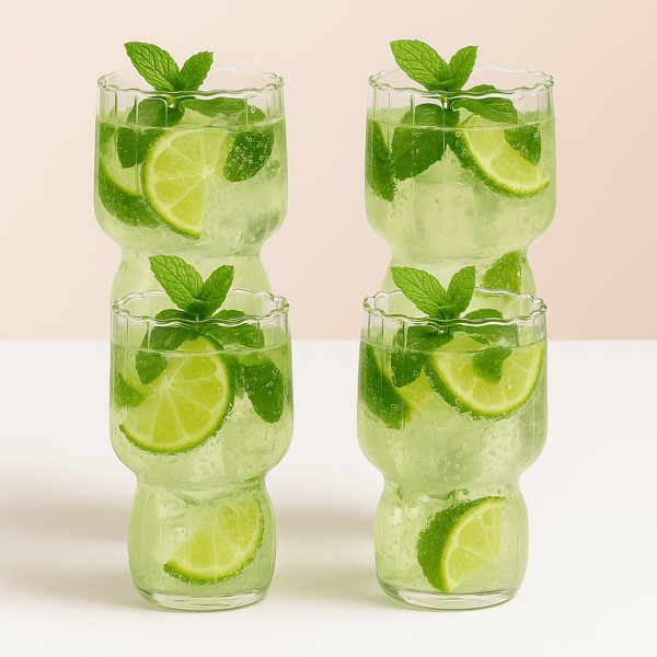 Set of 4 RippleWave Ribbed Glass Drinking Cups - Borosilicate Glassware for Hot & Cold Beverages - Dishwasher Safe - for Coffee, Juice, Cocktails & Desserts