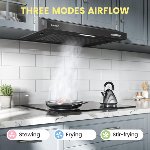 COMFEE' 60 Cm Visor Cooker Hood SLIF17B-60 LED Extractor Hood under Cabinet Hood Wall Mounted Extractor Fan 600 Mm Top Vented Range Hood - Black KWH-SLIF17B-60