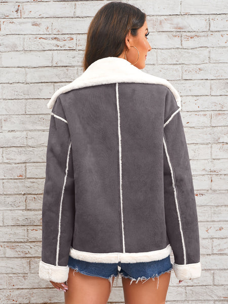 Women's Elegant Lapel Collar Plush Jacket with White Fur-Like Trim - Winter Warm Coat, Structured Fit Front Button Closure, Hand Washable Outerwear for Daily Travel & Holiday Outfits (Solid Color, Autumn/Winter) - Versatile Casual to Semi-Formal Wear