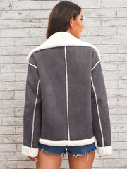Women's Elegant Lapel Collar Plush Jacket with White Fur-Like Trim - Winter Warm Coat, Structured Fit Front Button Closure, Hand Washable Outerwear for Daily Travel & Holiday Outfits (Solid Color, Autumn/Winter) - Versatile Casual to Semi-Formal Wear