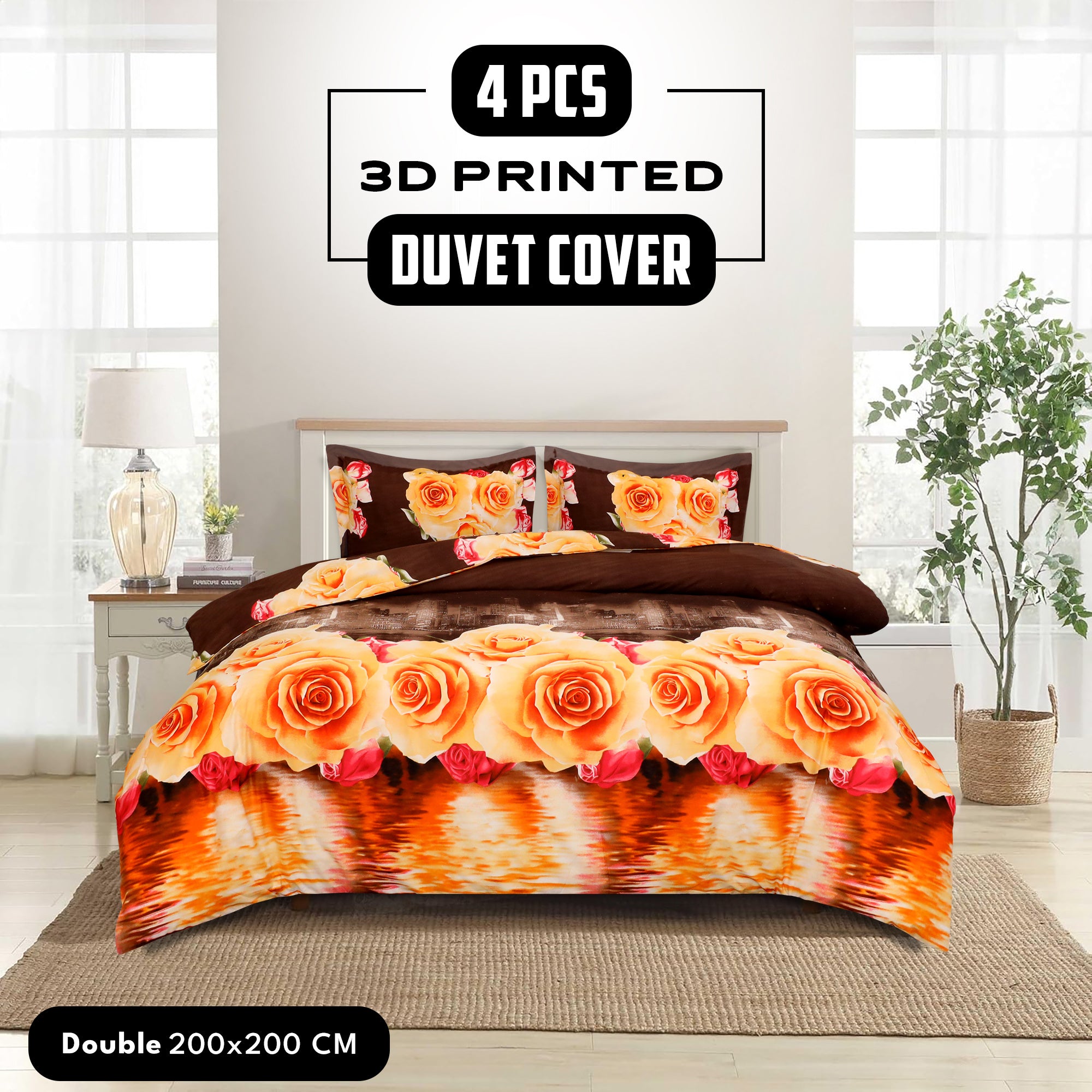 4pcs Printed Duvet Cover Set, Soft Comfortable Multi-design Printed Bedding Set, For Bedroom, Guest Room (1 Fitted sheet + 2 Pillowcases + Without Core) Trendy Design, Soft Fabric, Brushed Material, Lightweight