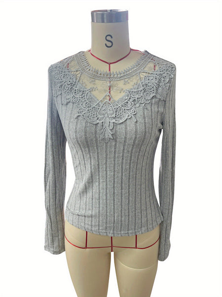 Women'S Elegant Long Sleeve Blouse - Slim Fit Crew Neck Top with Lace-like Mesh Panel, Chic Office to Party Shirt for Fall, Non-See-Through Formal & Everyday Outfits - Women'S Clothing, Ladies Shirts And Tops, Casual Wear, Sophisticated Casual, Nontranspa