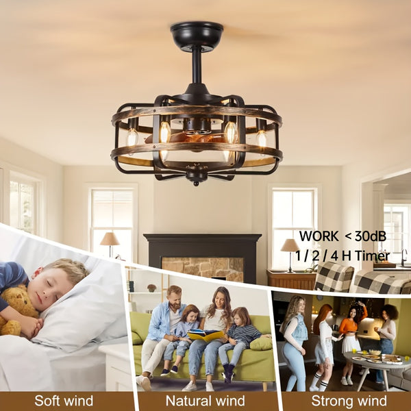 Caged Ceiling Fans with Lights, 50.8 cm Rustic Industrial Flush Mount Ceiling Fan Light, 3-Speed Quiet Reversible Motor, E14 X 6 Base Timing Fandelier Ceiling Fans for Indoor Bedroom, Kitchen, Living Room