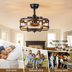 Caged Ceiling Fans with Lights, 50.8 cm Rustic Industrial Flush Mount Ceiling Fan Light, 3-Speed Quiet Reversible Motor, E14 X 6 Base Timing Fandelier Ceiling Fans for Indoor Bedroom, Kitchen, Living Room