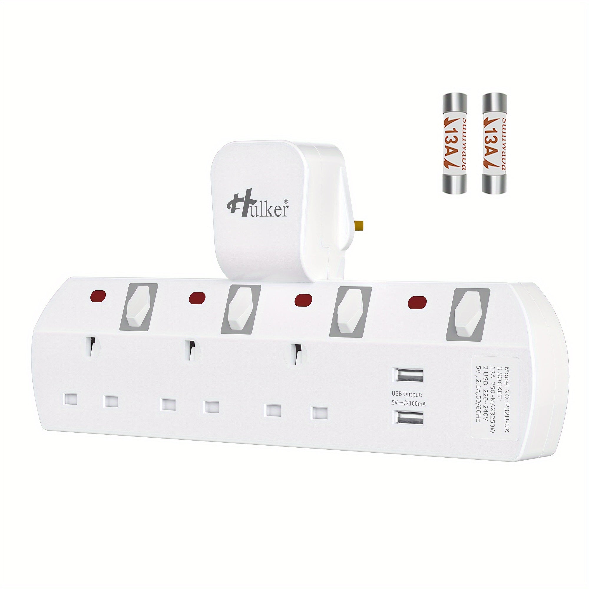 Hulker 3-Way UK Plug Switched Socket with 2 USB | Multi Plug Extension, Wall Plug Adapter, Turn 1 into 3, Surge Protection Power Extension Adapter, British Specification Plug, Operating Voltage 110V/220V