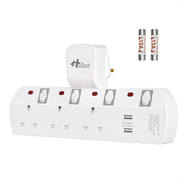 Hulker 3-Way UK Plug Switched Socket with 2 USB | Multi Plug Extension, Wall Plug Adapter, Turn 1 into 3, Surge Protection Power Extension Adapter, British Specification Plug, Operating Voltage 110V/220V