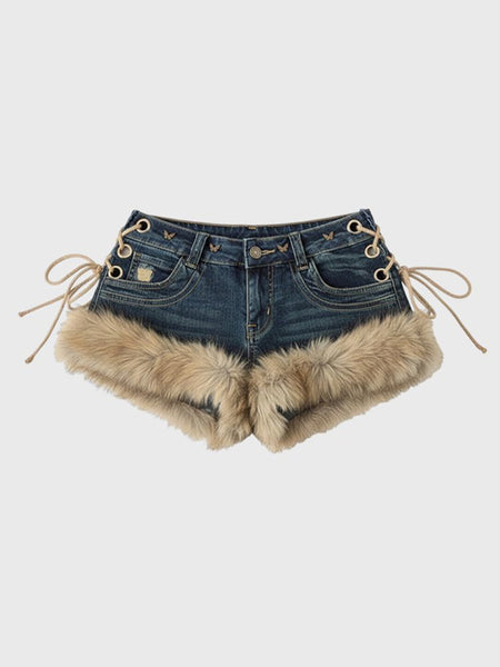 2026 New Y2K Millennial Spicy Jeans, American High Street Fuzzy Patchwork, Low Waist Hot Pants, Trendy for Autumn Winter Wear