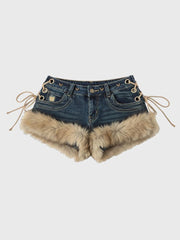 2026 New Y2K Millennial Spicy Jeans, American High Street Fuzzy Patchwork, Low Waist Hot Pants, Trendy for Autumn Winter Wear