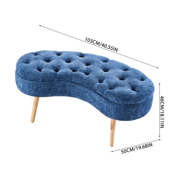 Nordic Modern Arc-shaped Design Quilted Button Fabric Upholstered Storage Stool Shoe Changing Stool with Wooden Legs, Large Capacity Shoe Changing Stool At The Entrance of The Living Room, Storage Bench At The Bed End, Blue, 103*50*46cm
