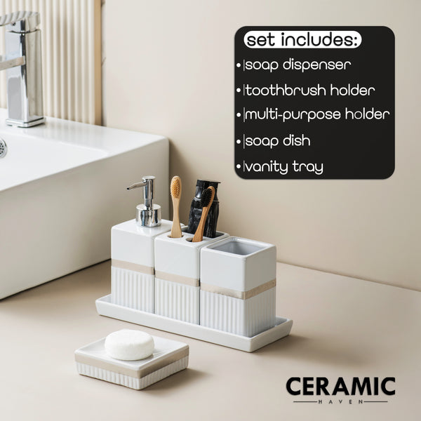 Ceramic Haven Elegance Collection | Set of 5 Luxury Bathroom Accessories | Soap Dispenser, Toothbrush Holder, Multipurpose Holder, Tumbler, Vanity Tray | Stylish Décor & Organizer