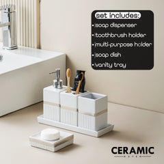 Ceramic Haven Elegance Collection | Set of 5 Luxury Bathroom Accessories | Soap Dispenser, Toothbrush Holder, Multipurpose Holder, Tumbler, Vanity Tray | Stylish Décor & Organizer