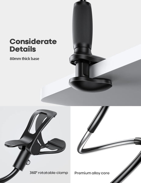 Lamicall Gooseneck Bed Phone Holder - [80 Mm Clamp Base] Universal Flexible Lazy Arm for Desk, 360 Overhead Phone Mount Clip for Iphone 16 15 14 13 12 11 Series, Xs XR, Samsung, 4-7” Cellphone - Black
