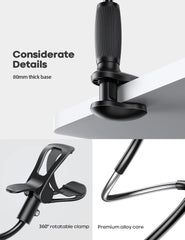 Lamicall Gooseneck Bed Phone Holder - [80 Mm Clamp Base] Universal Flexible Lazy Arm for Desk, 360 Overhead Phone Mount Clip for Iphone 16 15 14 13 12 11 Series, Xs XR, Samsung, 4-7” Cellphone - Black