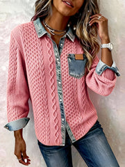 Women's Patchwork Denim Shirt Autumn/Winter Fashion Long-Sleeved Cardigan Versatile 2pcs Style Denim Collar Top Casual Vintage Aesthetic Ideal for Autumn/Winter Commuting, Office Wear, Casual Outings, and Layering