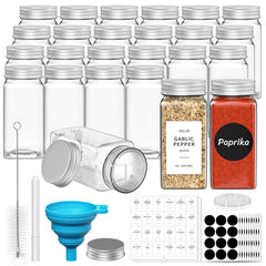 Vinsani 25pcs Glass Spice Jars Set 4oz – Airtight Herb & Spice Storage Bottles with Writable Labels, Dual Shaker Lids & Funnel – Square Empty Jars for Kitchen Cupboard Pantry Organiser