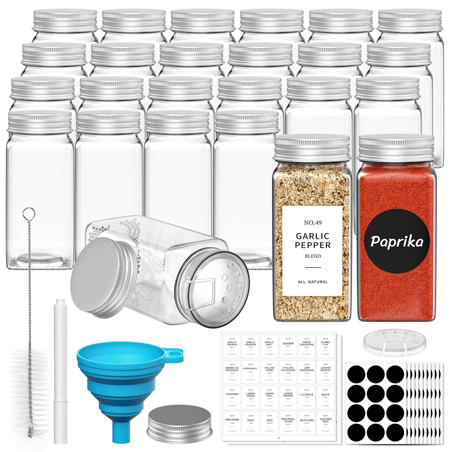 Vinsani 25pcs Glass Spice Jars Set 4oz – Airtight Herb & Spice Storage Bottles with Writable Labels, Dual Shaker Lids & Funnel – Square Empty Jars for Kitchen Cupboard Pantry Organiser
