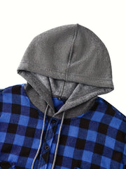 2pcs Men's New York Fashion Trendy Plaid Shirt Hoodie, Plaid Pullover Sweatshirt Flannel Hoodie