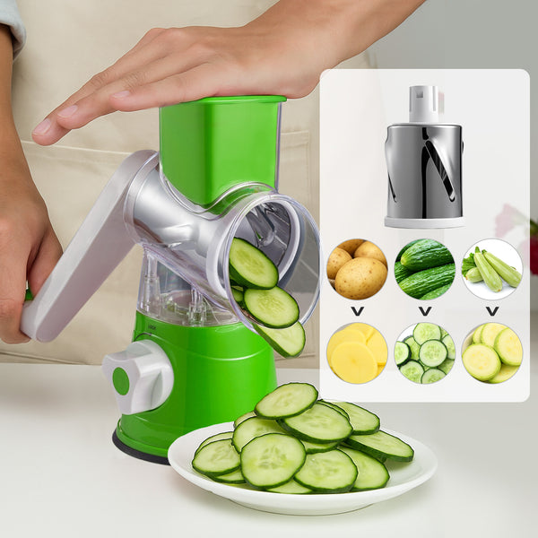 Rotary Vegetable Shredder 3 in 1 Rotary Cheese Grater Round Vegetable Mandoline Blades Handheld Fruit Vegetable Slicer Shredder for Fruit Nut and Vegetable Grate Green