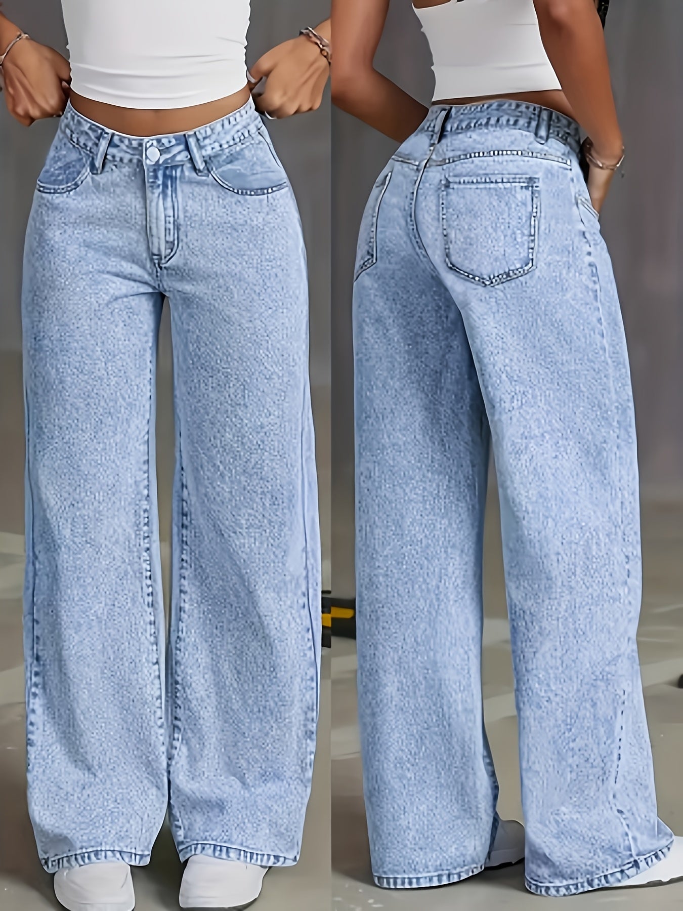 Women's New Fashion Stretchy Straight Jeans, Loose Comfort Fit Wide Leg Jeans, Acid Washed Light Blue Denim Trousers with Pockets, Elegant Women's Clothing, High Waisted Tummy Control Pantalones. Baggy Casual Pants for Travel, Work and Office Wear.