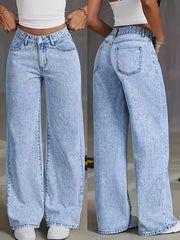 Women's New Fashion Stretchy Straight Jeans, Loose Comfort Fit Wide Leg Jeans, Acid Washed Light Blue Denim Trousers with Pockets, Elegant Women's Clothing, High Waisted Tummy Control Pantalones. Baggy Casual Pants for Travel, Work and Office Wear.