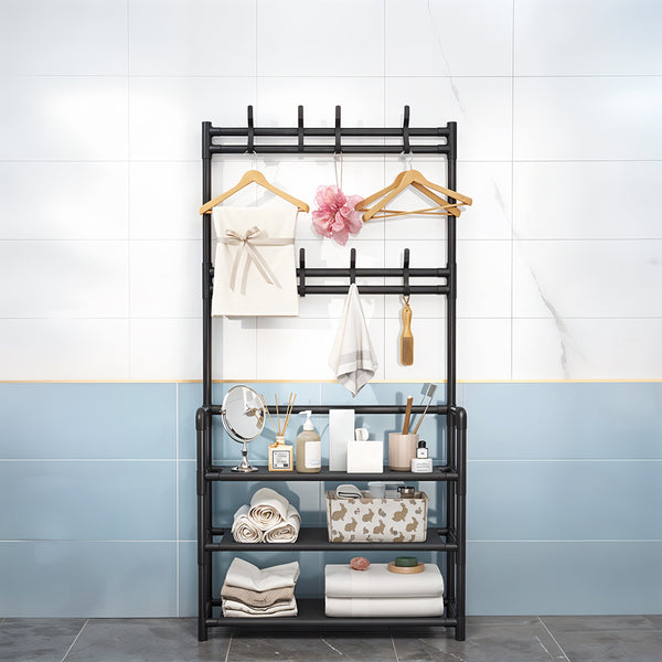 Coat and Hat Stand 8 Hooks Metal Shoe Rack 3 Tiers Shelf Hanger, Multifunctional Hallway Organizer Clothes Umbrella Bag Hanger, Easy Assembly, Black Versatile Clothes Drying Rack For Living Room Balcony