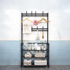 Coat and Hat Stand 8 Hooks Metal Shoe Rack 3 Tiers Shelf Hanger, Multifunctional Hallway Organizer Clothes Umbrella Bag Hanger, Easy Assembly, Black Versatile Clothes Drying Rack For Living Room Balcony