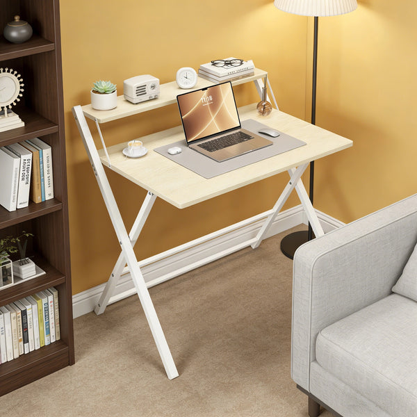 Costoffs 2-Tier Foldable Computer Desk with Monitor Shelf, Portable Laptop Table for Home Office Dorm Small Space, Modern Compact PC Desk, Black/White/Wood