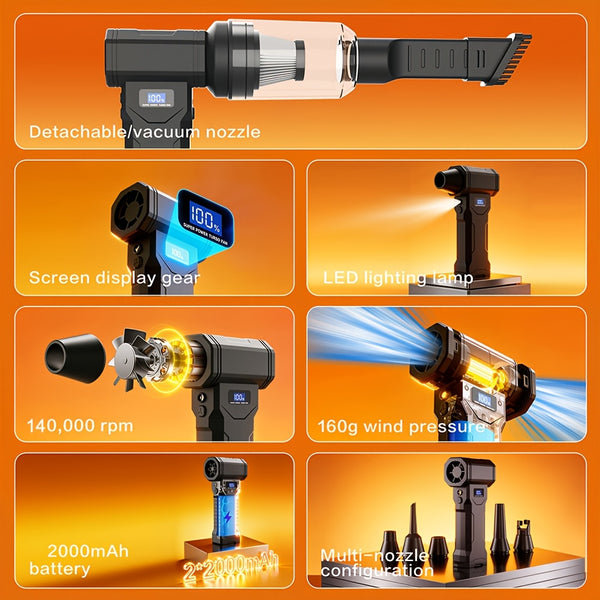 140000RPM Violent Turbofan And Handheld Vacuum Cleaner, 4-Speed, LCD Display, Wireless Vacuum Cleaner, Handheld Fan, Yard Garden Cleaning Tool, Snow Leaf Blower for Portable Air Blowers for Computers, Keyboards, Outdoor Yard Car Cleaning