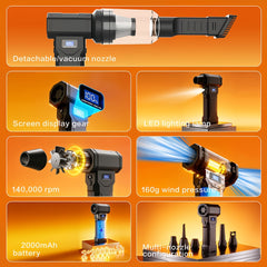 140000RPM Violent Turbofan And Handheld Vacuum Cleaner, 4-Speed, LCD Display, Wireless Vacuum Cleaner, Handheld Fan, Yard Garden Cleaning Tool, Snow Leaf Blower for Portable Air Blowers for Computers, Keyboards, Outdoor Yard Car Cleaning