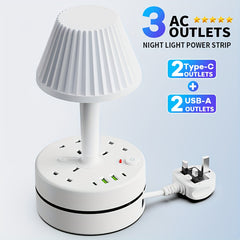A 3-port Power Board/power Socket/power Strip with 2 USB-A And 2 USB-C Ports, Equipped with A Desk Lamp, Compatible with 220V-240V, Maximum Power 3250W, 13A, 1.8m Cable, Suitable for Home, Kitchen, Outdoor, Hotel, Office, Cruise Vacation