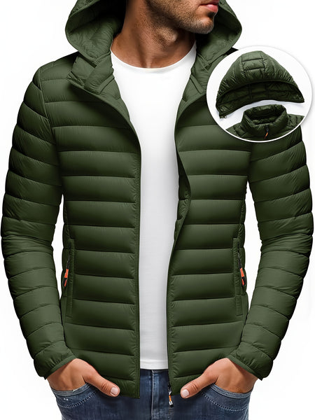 Men's Stand Collar Hooded Jacket - Warm, Windproof Thickened Coat, Detachable Hood, Solid Color Design, Thickened Nylon Fabric for Cold Weather, Casual Style, Zip Closure, Dry Clean Only, Winter Stand Collar Hooded Thickened Coat