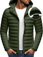 Men's Stand Collar Hooded Jacket - Warm, Windproof Thickened Coat, Detachable Hood, Solid Color Design, Thickened Nylon Fabric for Cold Weather, Casual Style, Zip Closure, Dry Clean Only, Winter Stand Collar Hooded Thickened Coat