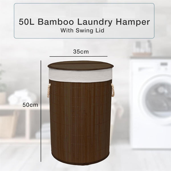50L Folding Bamboo Laundry Basket Bin Hamper Basket Clothes Storage Organizer With Lid & Removable Washable Bag Carry On Handles