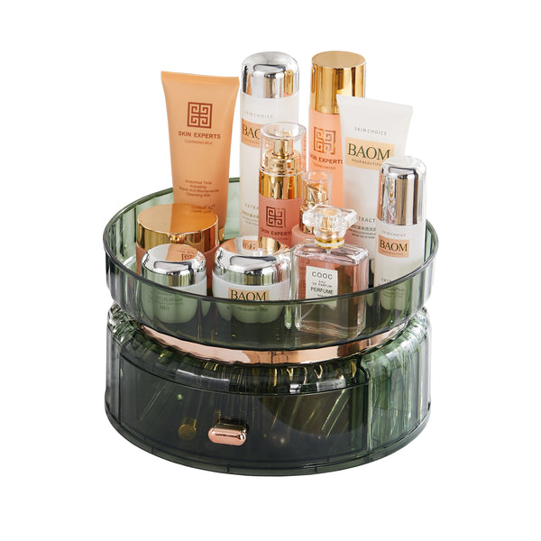 Skincare Exclusive Emerald Rotating Storage Box 25*14cm, 360° Desktop Rotating Storage Rack, with Drawer Large Capacity Cosmetic Organizer, Storage Box Suitable for Vanity Dresser Bathroom