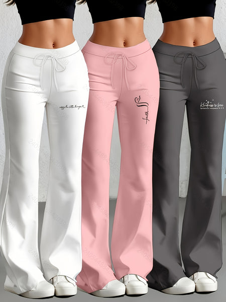 European and American Spring/Summer New Fashion Women's Bottoms: Flared Straight-Leg Pants with Classic English Text Print, Daily Casual Butt-Lifting Peach Butt Long Pants, Three-Piece Set