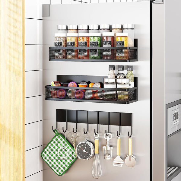 Aufworld Magnetic Spice Rack for Refrigerator, 2 Pack Magnetic Shelf, Fridge Magnet Organizer with Moveable 4 Hooks, Magnet Fridge Shelf for Kitchen Organization and Storage (2 Pack)