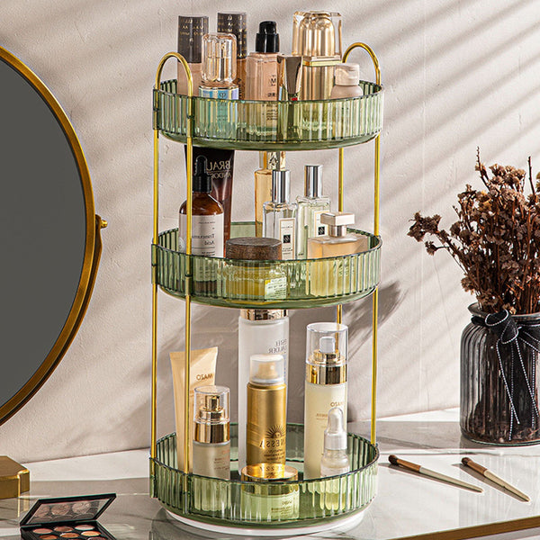 Green 3-Tier Spinning Cosmetics Organizer 23x23x47cm, Bathroom Countertop Skincare Organizer, High-Capacity Rotating Makeup Tray, Stores Lipsticks Jewelry Brushes, Suitable for Vanity Desk Bedroom Bathroom