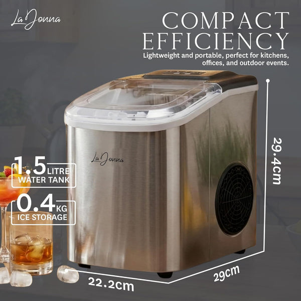 Stainless Steel/Black Ice Maker Machine - Fast Ice, Dual Size Self Cleaning Portable Ice Maker