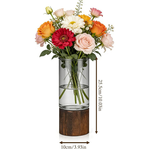 3pcs Glass Vase for Flowers - 25cm Tall Cylindrical Vase with Wooden Base Clear Large Flower Vases Boho Rustic Style Vases Modern Minimalist Ornaments for Pampas Grass Dried Flowers Wedding Home Decor