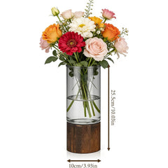 3pcs Glass Vase for Flowers - 25cm Tall Cylindrical Vase with Wooden Base Clear Large Flower Vases Boho Rustic Style Vases Modern Minimalist Ornaments for Pampas Grass Dried Flowers Wedding Home Decor