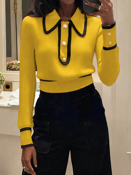 Women's Pullover Sweater for Autumn/Winter, Can Be Worn as an Inner or Outer Layer, Comfortable, Warm, Elegant, and Features a Spicy Design with a Spliced Lapel and Exquisite Metal Buttons. Suitable for Commuting, Dates, and Valentine's Day